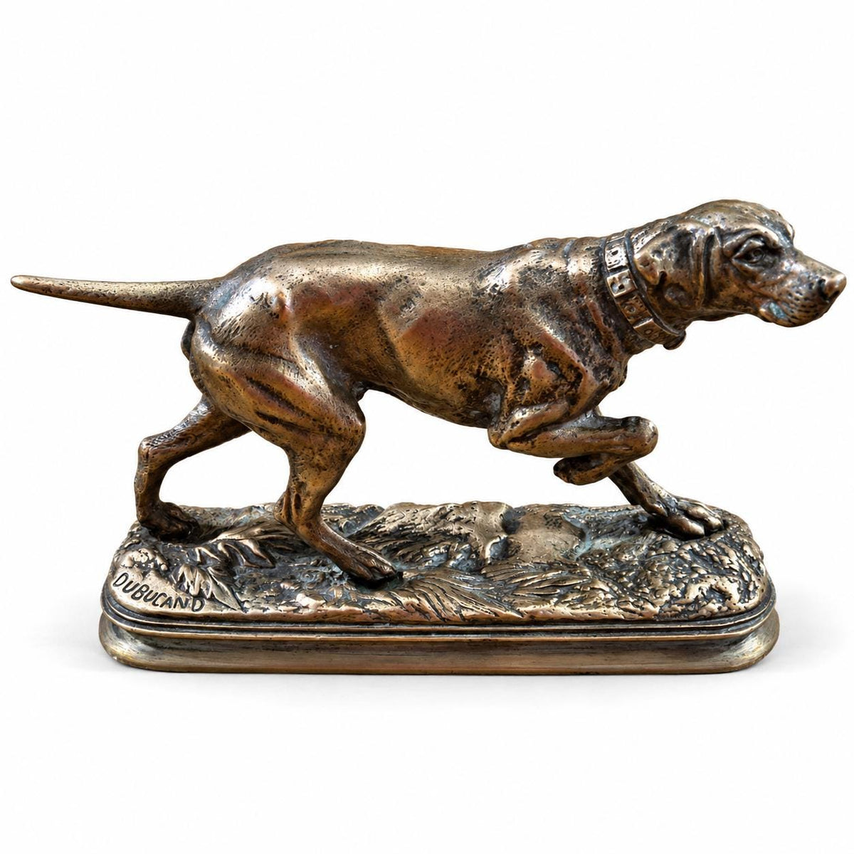 Antique French Animalier Bronze Pointer Dog by Alfred Dubucand, Signed, Hunting Dog on Point with Collar, 19th Century