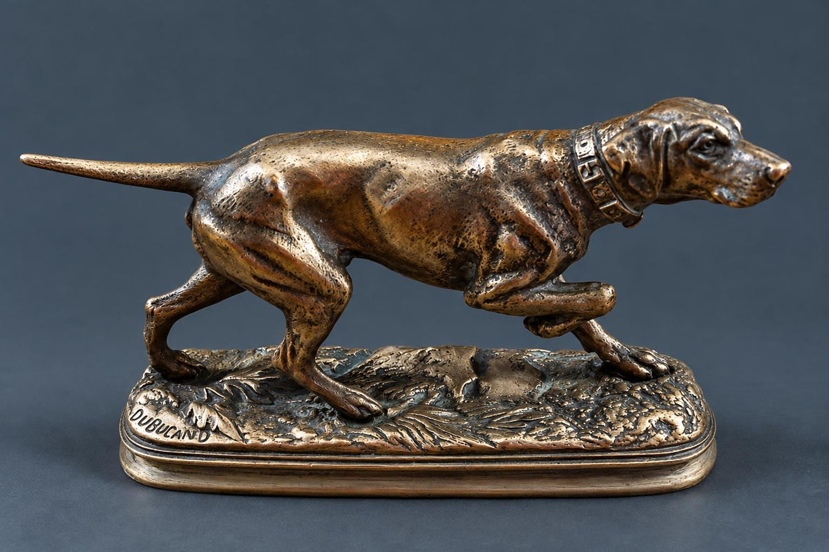 Antique French Animalier Bronze Pointer Dog by Alfred Dubucand, Signed, Hunting Dog on Point with Collar, 19th Century