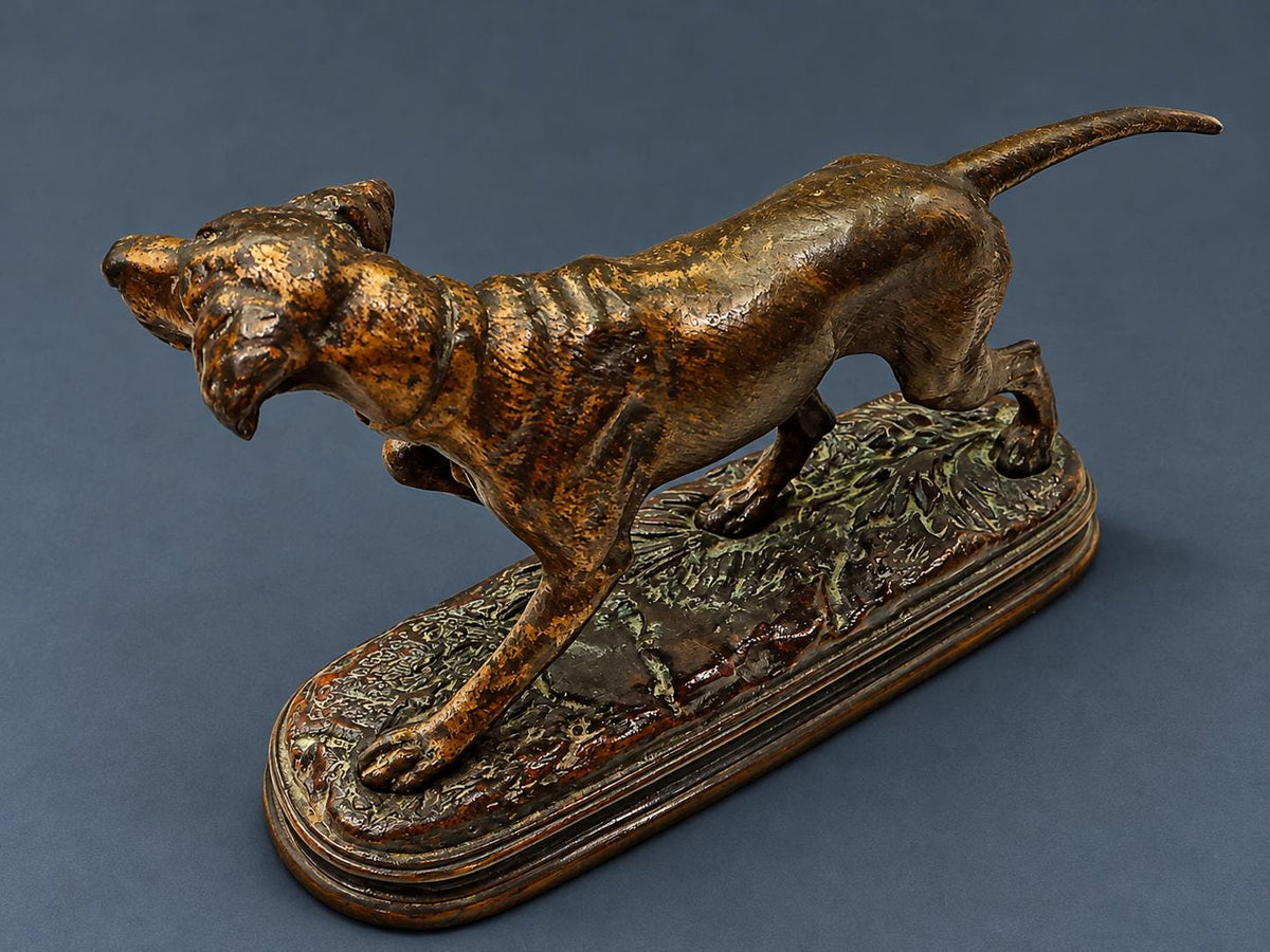 Antique French Animalier Bronze Hunting Dog on Point After Dubucand, Head Turned, Multi-Tone Patina, Naturalistic Base