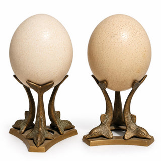 Pair of Vintage Ostrich Eggs on Brass Dolphin Stands, Three Leaping Dolphins Tripod Bases, Hollywood Regency Curiosity