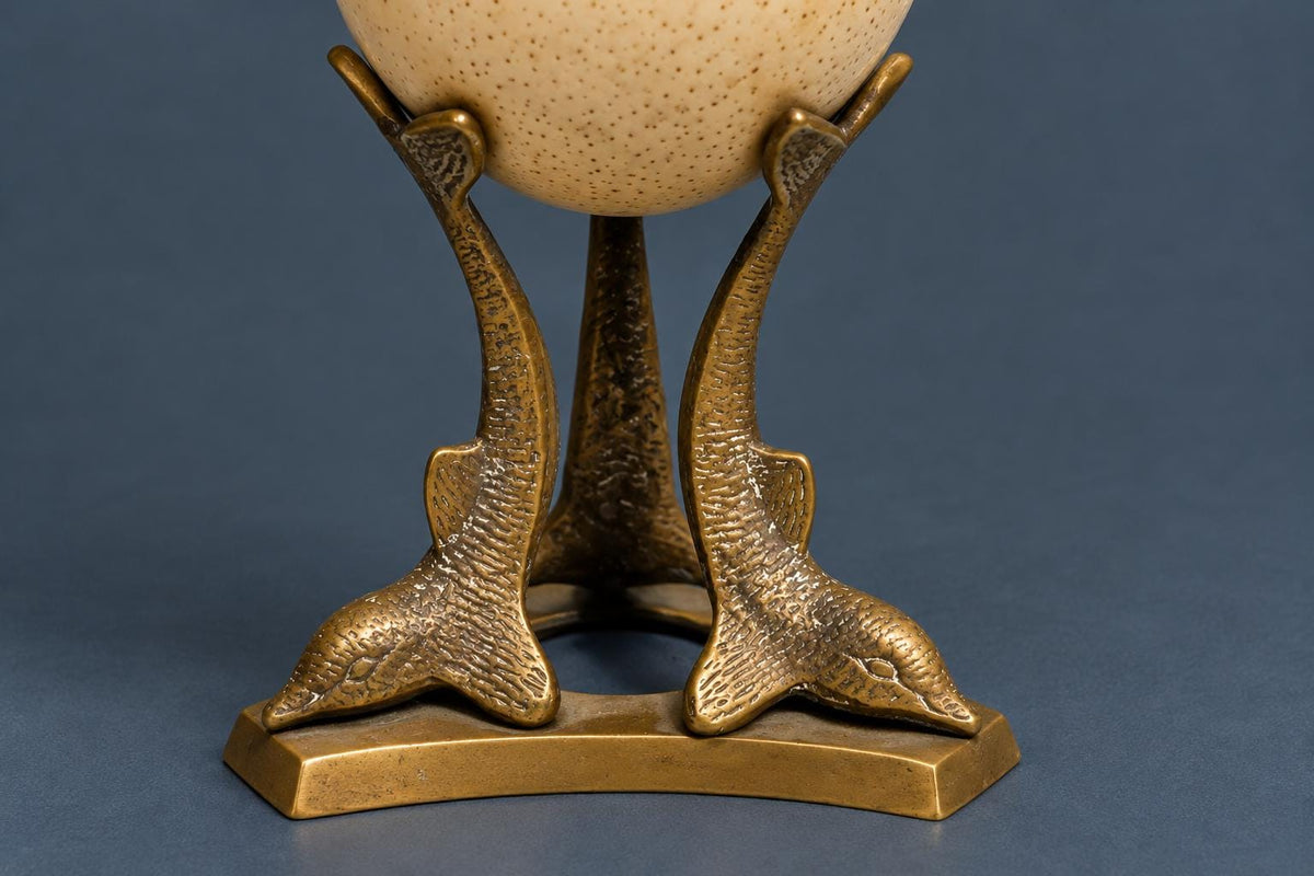 Pair of Vintage Ostrich Eggs on Brass Dolphin Stands, Three Leaping Dolphins Tripod Bases, Hollywood Regency Curiosity