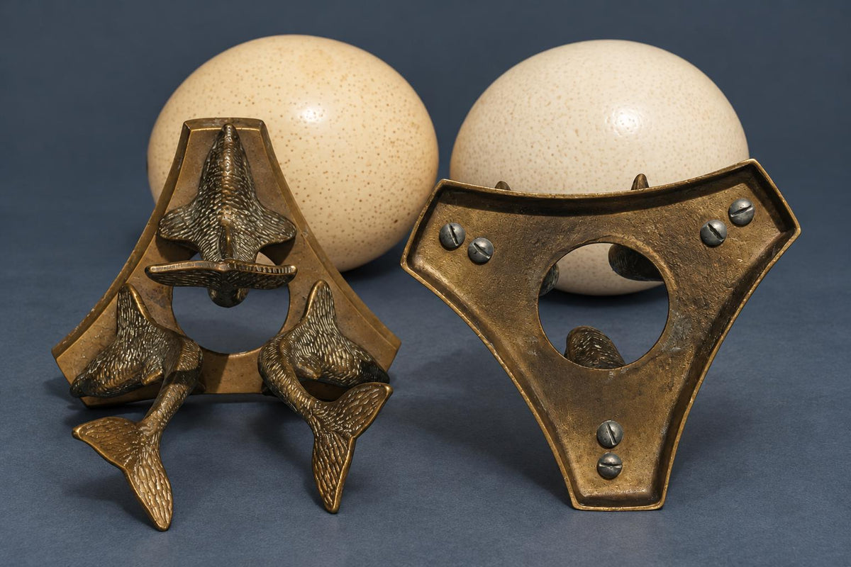 Pair of Vintage Ostrich Eggs on Brass Dolphin Stands, Three Leaping Dolphins Tripod Bases, Hollywood Regency Curiosity