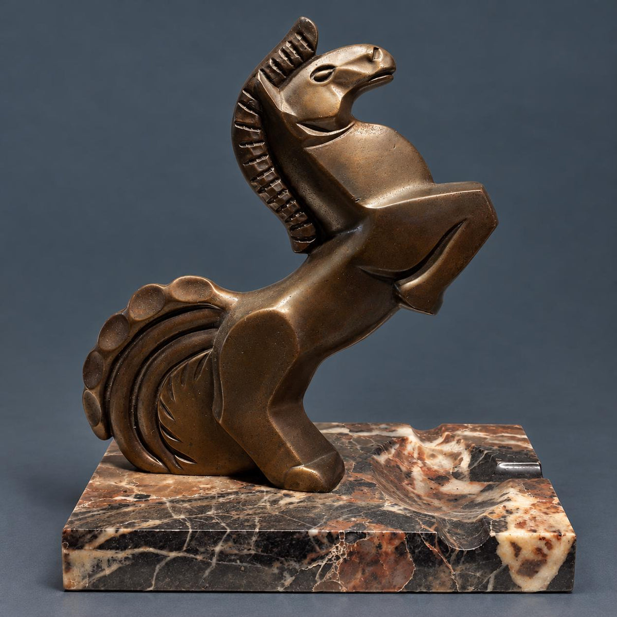 Vintage Art Deco Cubist Rearing Horse Sculpture on Marble Ashtray Base, Bronze-Patinated Spelter, Stylized Mane, 1930s Desk