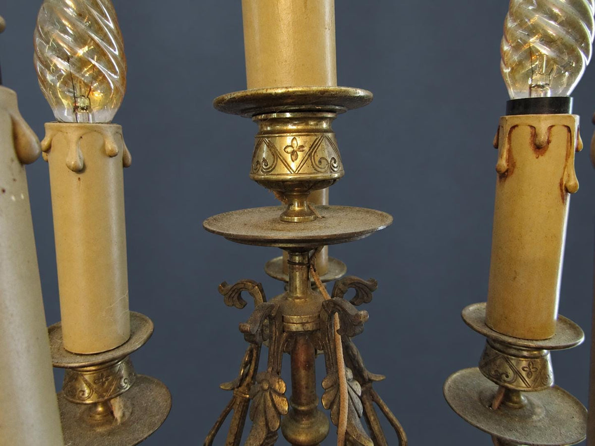 Pair of Antique Napoleon III Bronze Six-Light Candelabra Table Lamps, Urn Stems with Medallions, Black Marble Bases, 26 in