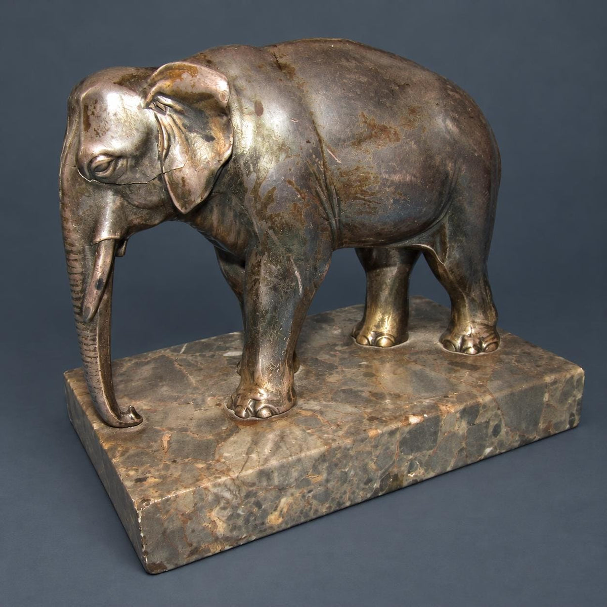 Vintage Art Deco Silvered Spelter Elephant Sculpture on Marble Base, Walking Asian Elephant with Trunk Down, 1930s Decor