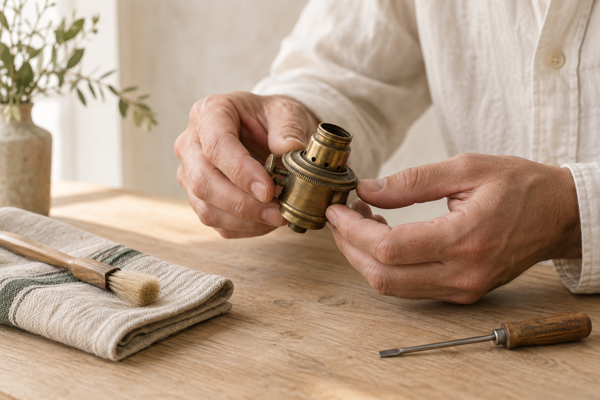 Illustrative workshop study: hands inspecting an aged brass lamp component in natural daylight