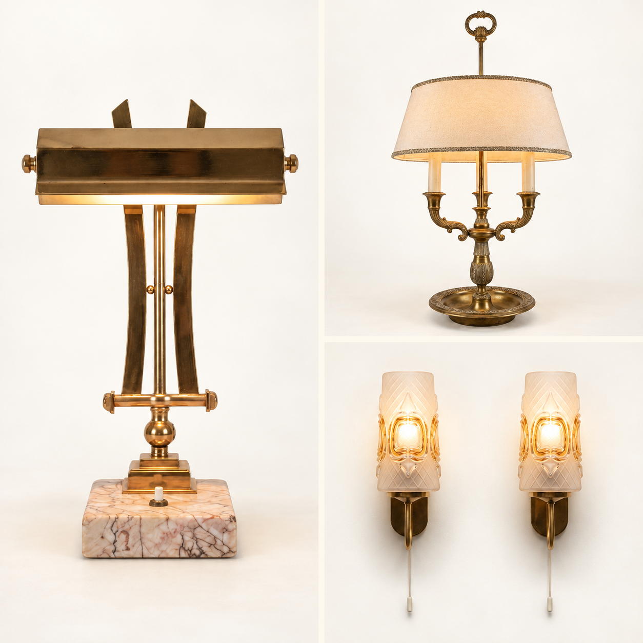 Lighting collage featuring a desk lamp, a bouillotte lamp and a pair of glass wall lights