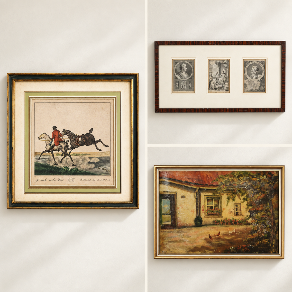 Wall art collage featuring an equestrian print, framed engravings and a courtyard painting