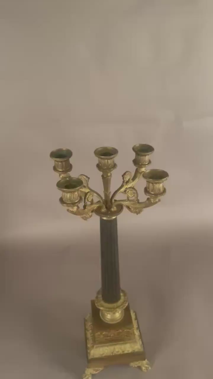 Antique Gilt Bronze Candelabra, Fluted Column with Figural Arms — French, 19th Century
