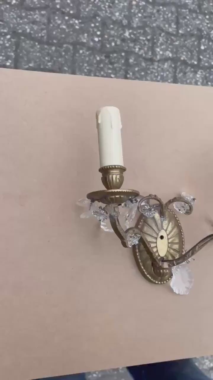 Pair of French Gilt Bronze Wall Sconces, Crystal Drops and Shell Backplate — France, Early 20th Century