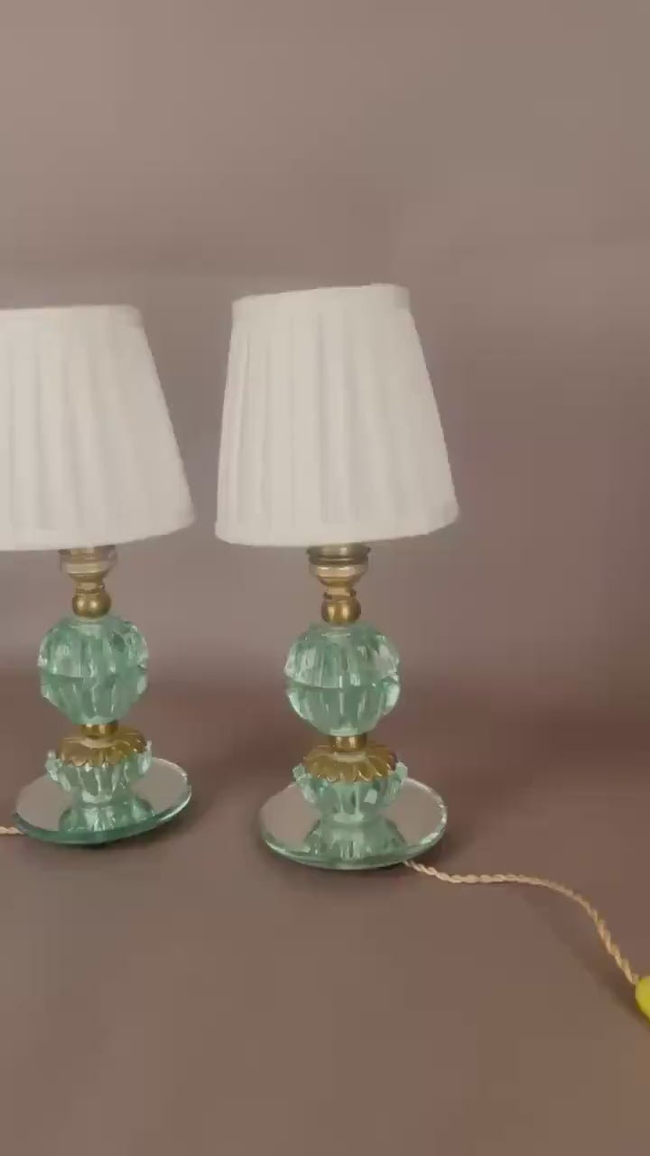 Glass Table Lamps Pair, Aqua Pressed Glass and Brass Bedside Lamps on Mirror Bases — French, 1940s