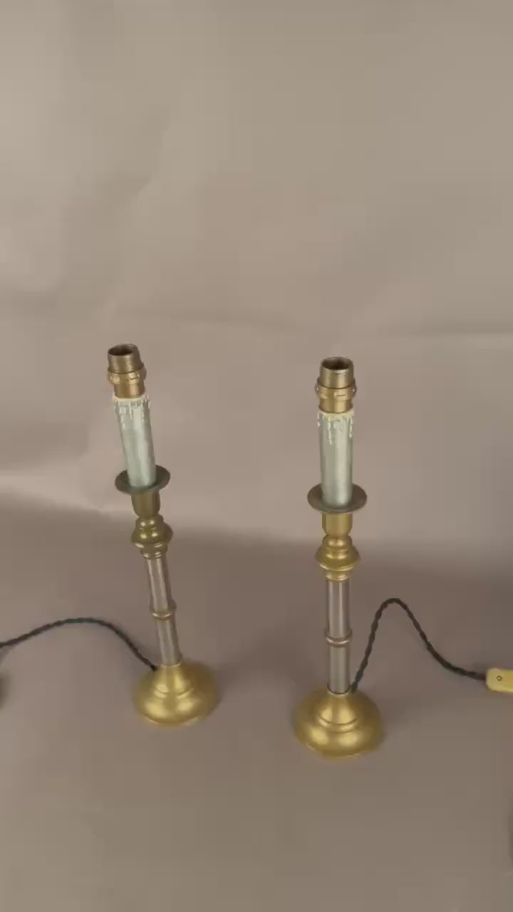 Pair of Mid-Century Brass and Chrome Column Table Lamps, Two-Tone Turned Column Base