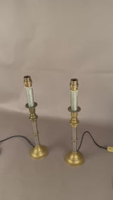 Pair of Mid-Century Brass and Chrome Column Table Lamps, Two-Tone Turned Column Base