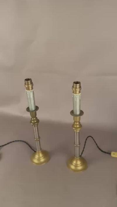 Pair of Mid-Century Brass and Chrome Column Table Lamps, Two-Tone Turned Column Base