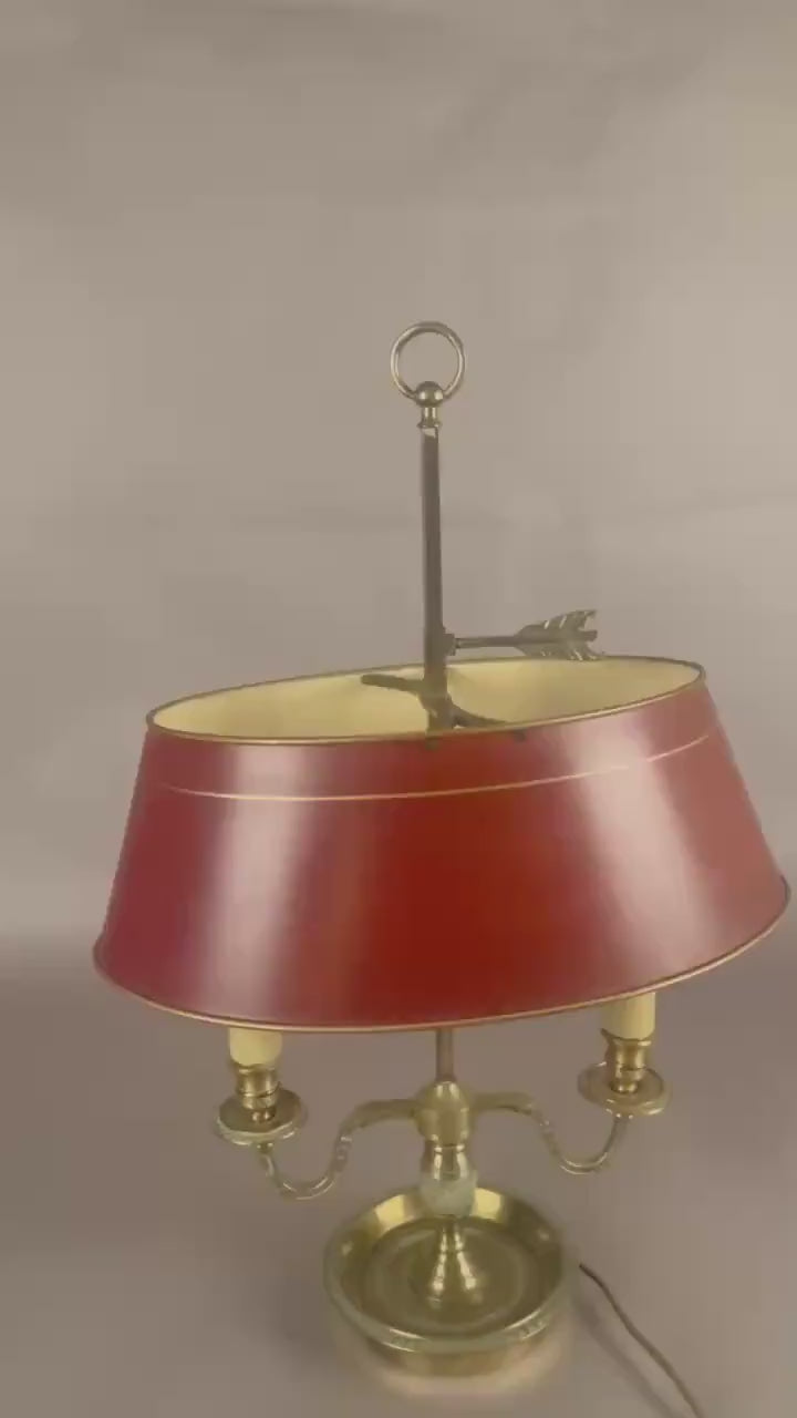 French Bouillotte Lamp, Brass Two-Light Base with Red Tôle Shade, 1930s