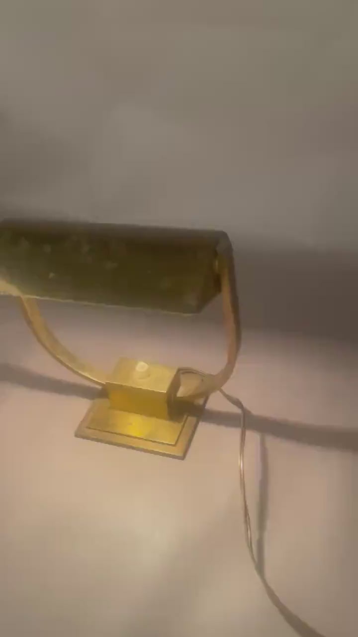 Art Deco Style Desk Lamp, Heavy Brass Bankers Lamp with U Form Arm, Adjustable Shade — 1930s Attribution