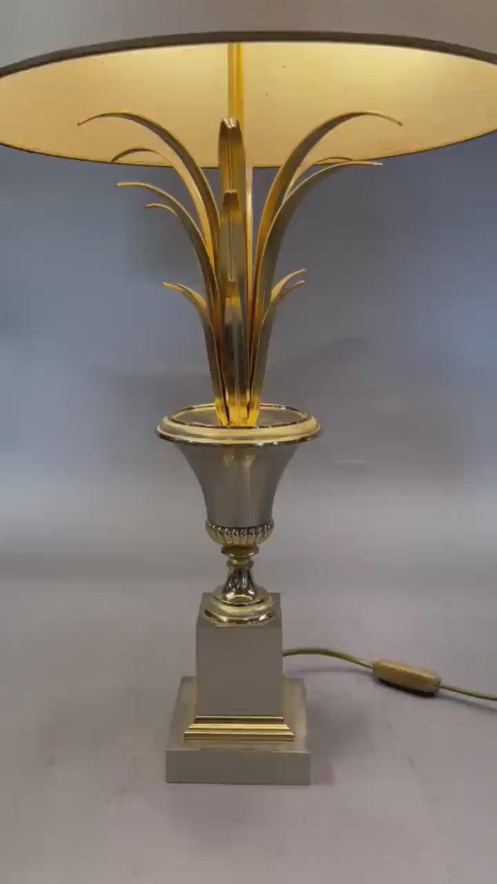 Brushed Steel Pineapple Palm Lamp Base, Hollywood Regency Style — Vintage, 1980s