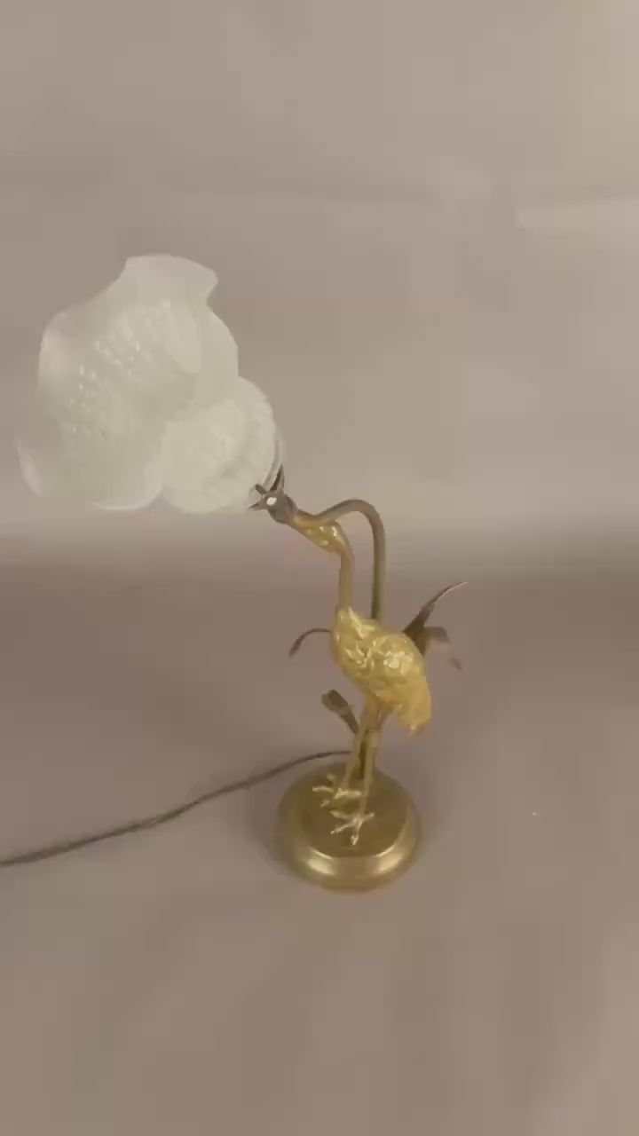 Gilt Crane Table Lamp with Frosted Glass Shade, Hollywood Regency Style