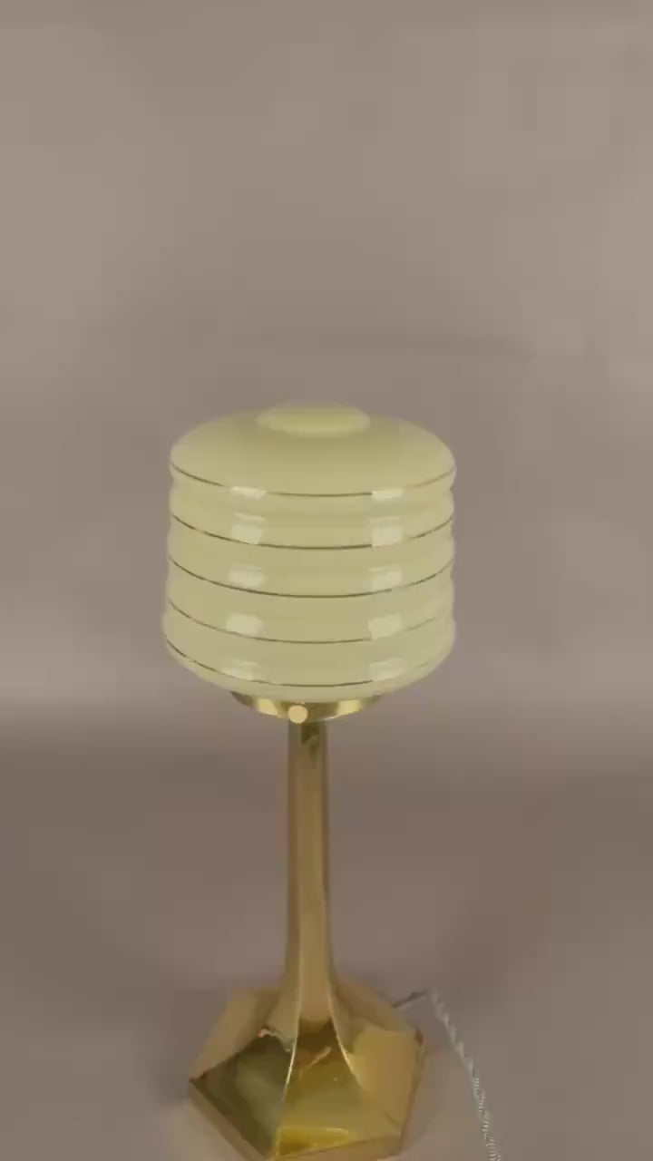Josef Hoffmann Style Table Lamp, Brass Base with Ribbed Opaline Glass Shade, Wiener Werkstätte Inspired