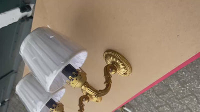 Pair of Gilt Brass Wall Sconces, Crown-Form Candle Cup, Pleated Fabric Shades