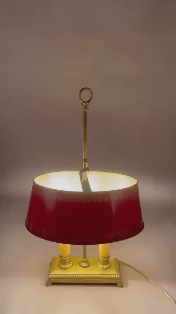 Vintage Brass Bouillotte Table Lamp, Red Tole Shade — French Style, circa 1950s