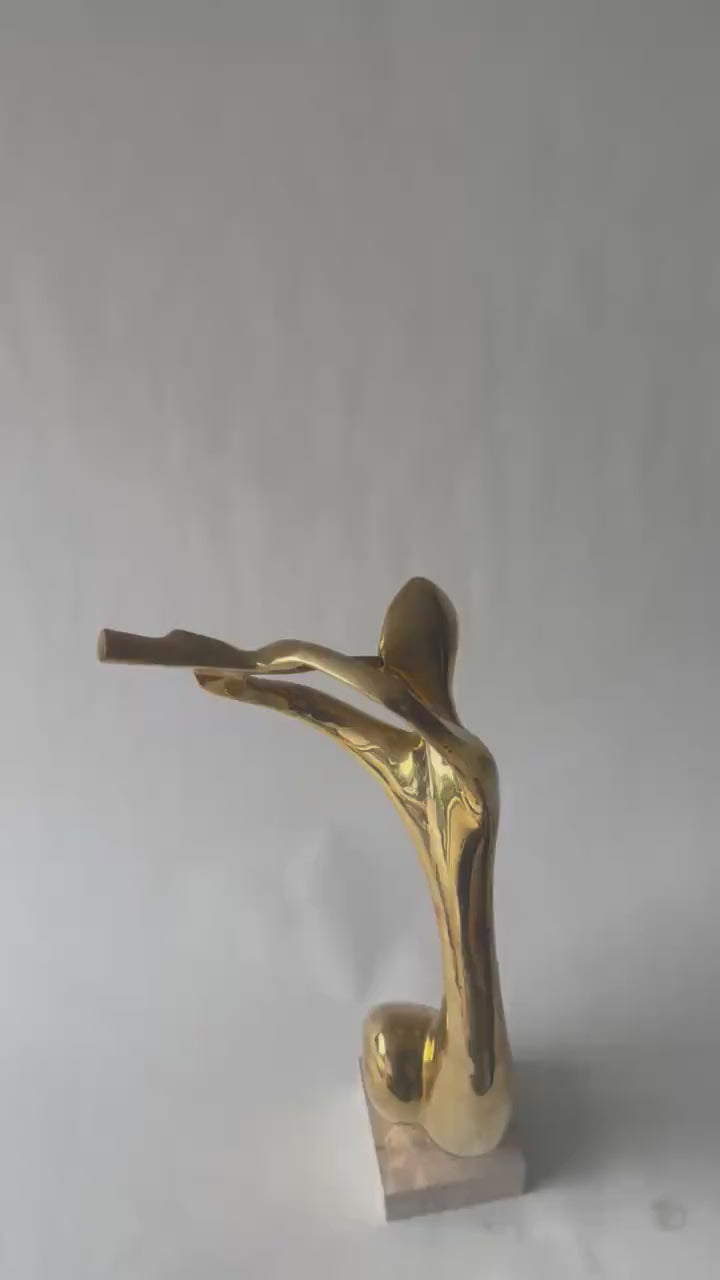 Vintage Brass Musician Sculpture, Abstract Art Deco Style Figure, Travertine Base, 1980s