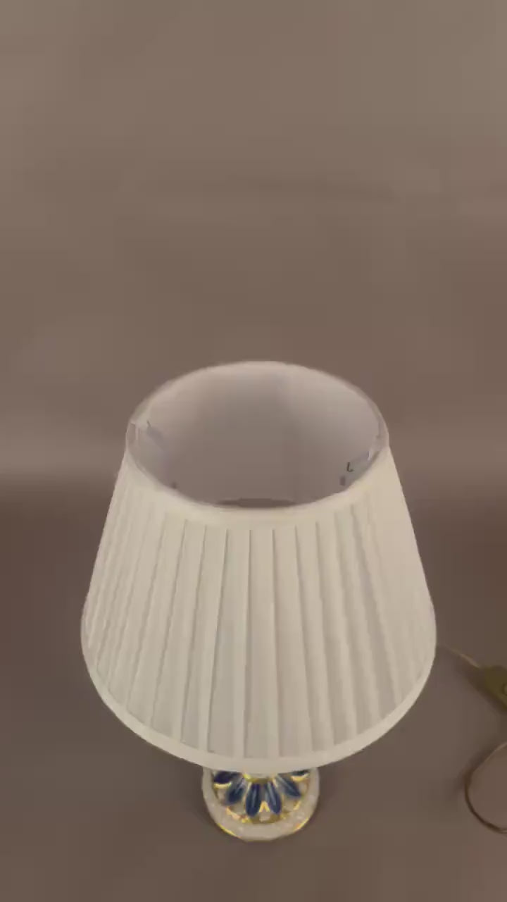 Vintage Blue and White Ceramic Table Lamp, Gilt Fluted Column — Pleated Shade Included