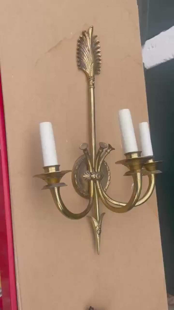 Gilt bronze  Three-Arm Wall Sconce, Quiver and Foliate Backplate,