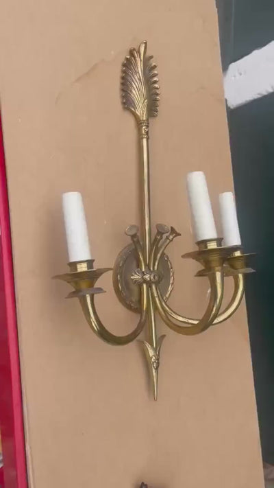 Gilt bronze  Three-Arm Wall Sconce, Quiver and Foliate Backplate,