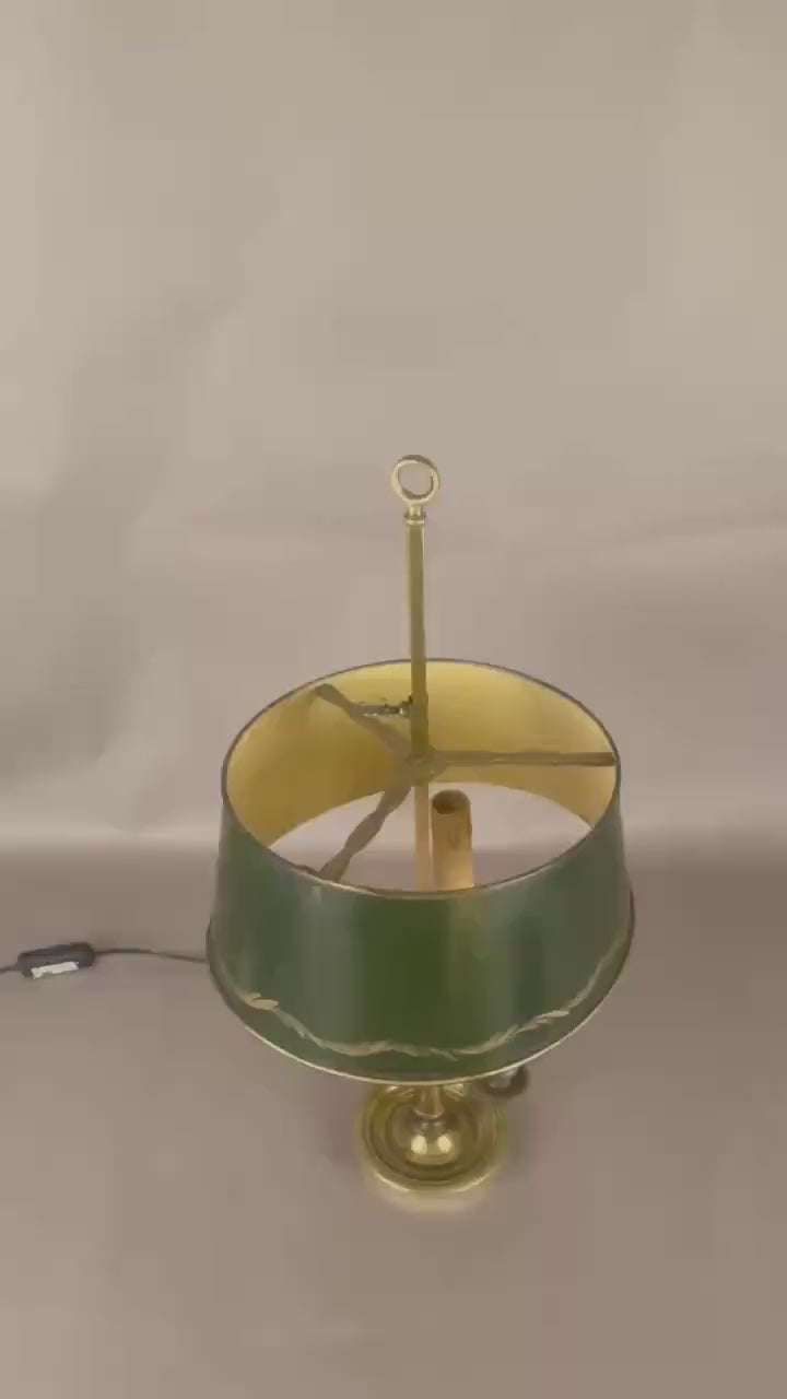 Vintage Brass Bouillotte Lamp, Three-Arm Candelabra Base with Green Tole Shade, French Style Table Lamp