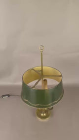 Vintage Brass Bouillotte Lamp, Three-Arm Candelabra Base with Green Tole Shade, French Style Table Lamp