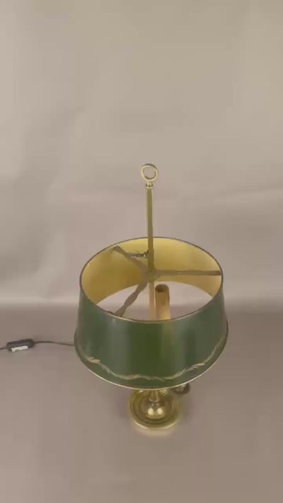 Vintage Brass Bouillotte Lamp, Three-Arm Candelabra Base with Green Tole Shade, French Style Table Lamp