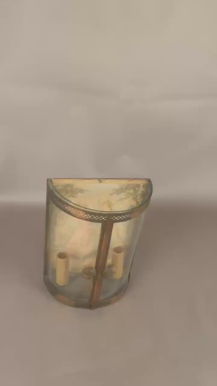 Antique Curved Glass Wall Lamp, Brass Fretwork Vitrine Sconce with fabric Garden Scene, Twin Candle-Form Lights