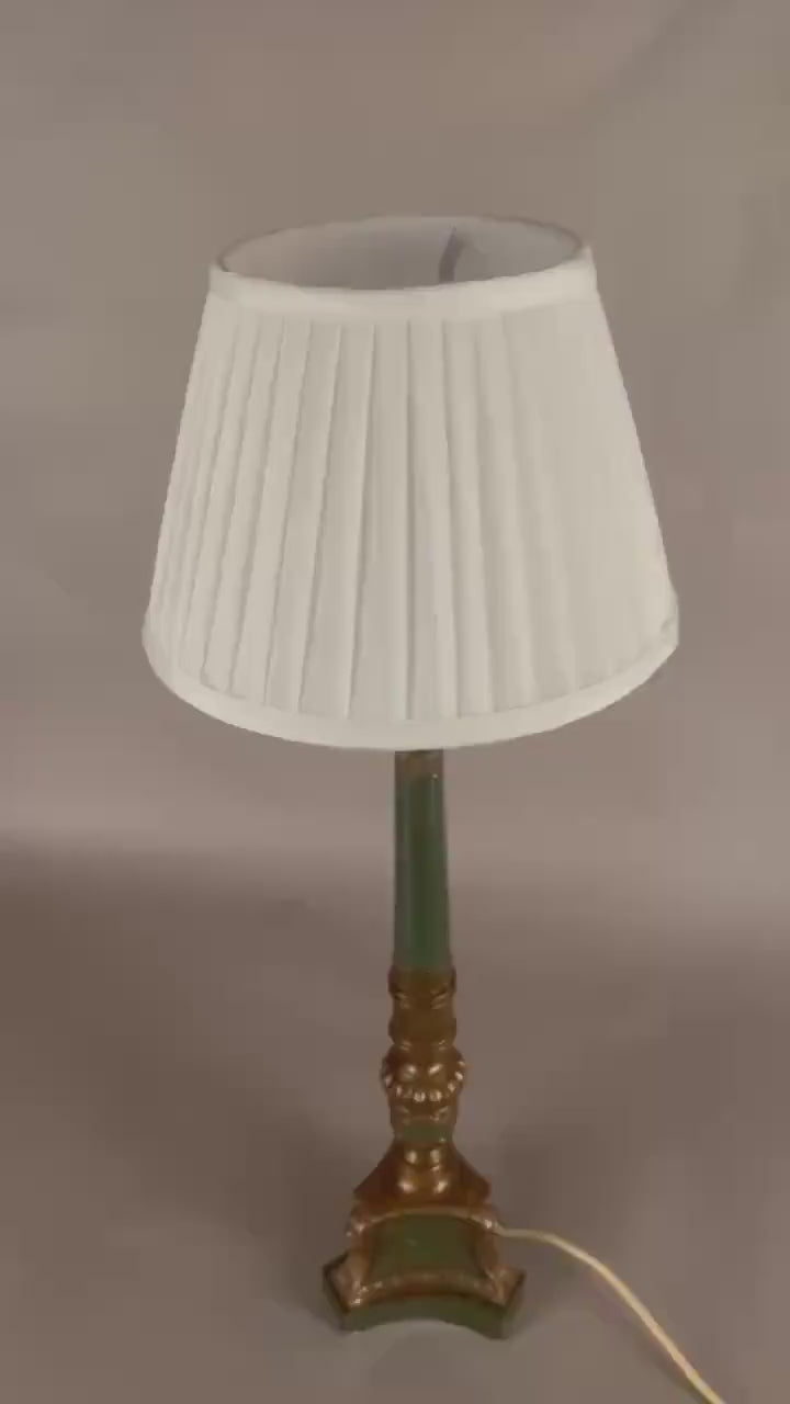 Vintage Brass-Toned Table Lamp, Louis XVI Style, Green Column with Pleated Shade, 1950s