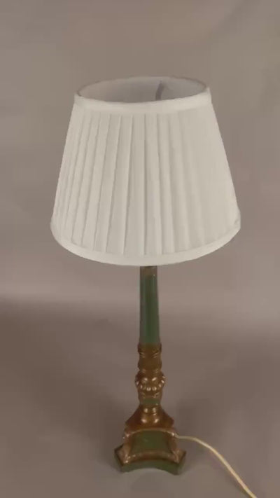 Vintage Brass-Toned Table Lamp, Louis XVI Style, Green Column with Pleated Shade, 1950s