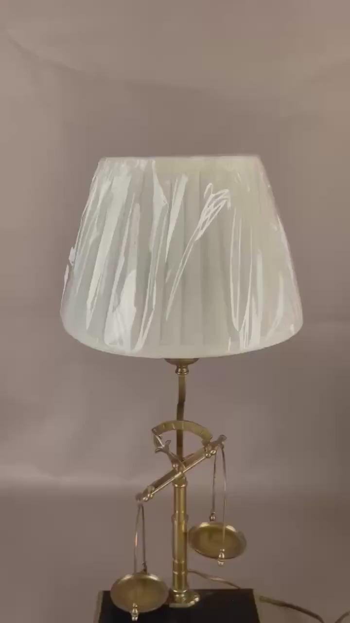Vintage Brass Scale Lamp, Libra Balance Motif, Drawer Base, Pleated Shade, 1950s