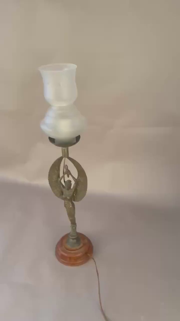 Gilt Metal Figural Table Lamp, Winged Female Figure, Wood Base, Frosted Glass Shade