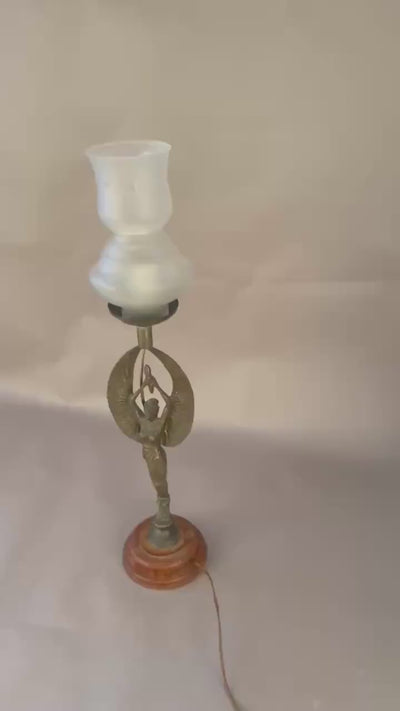 Gilt Metal Figural Table Lamp, Winged Female Figure, Wood Base, Frosted Glass Shade