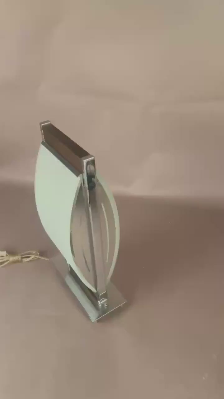 Vintage Chrome and Frosted Glass Table Lamp, Curved Oval Glass Panel Lamp with Walnut Accents, Mid-Century Modern Design