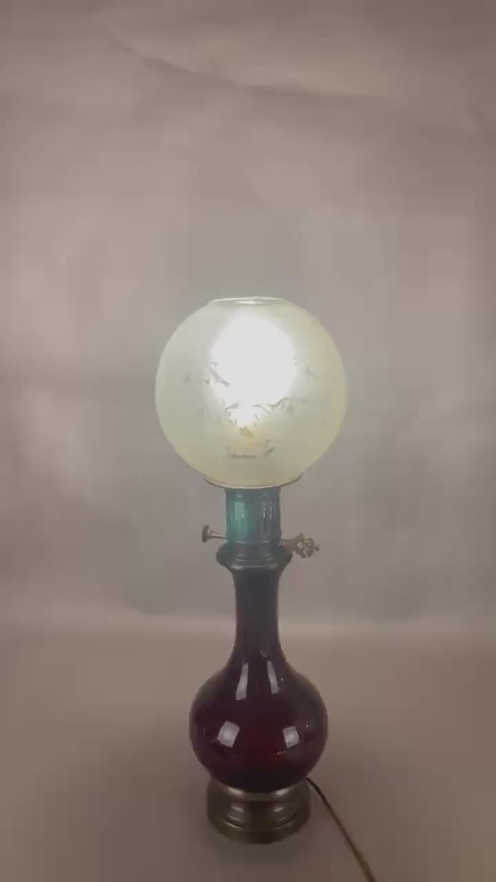 Vintage Glass and Brass Table Lamp, Etched Frosted Glass Globe Shade, 1950s