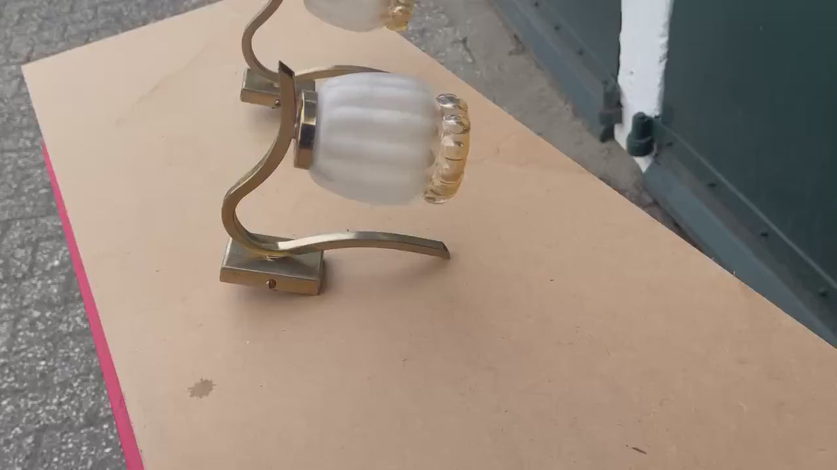 Pair of Gilt Metal Wall Lamps, Scrolled Arm, Frosted Ribbed Glass Shades