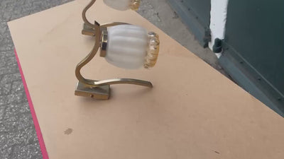 Pair of Gilt Metal Wall Lamps, Scrolled Arm, Frosted Ribbed Glass Shades