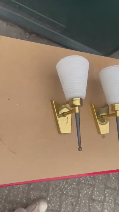 Pair of Gilt Brass Wall Lamps, Conical Ribbed Glass Shades, French Design