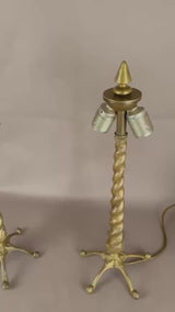 Pair of Solid Brass Barley Twist Table Lamps, Splayed Foot Base with Pleated Shades
