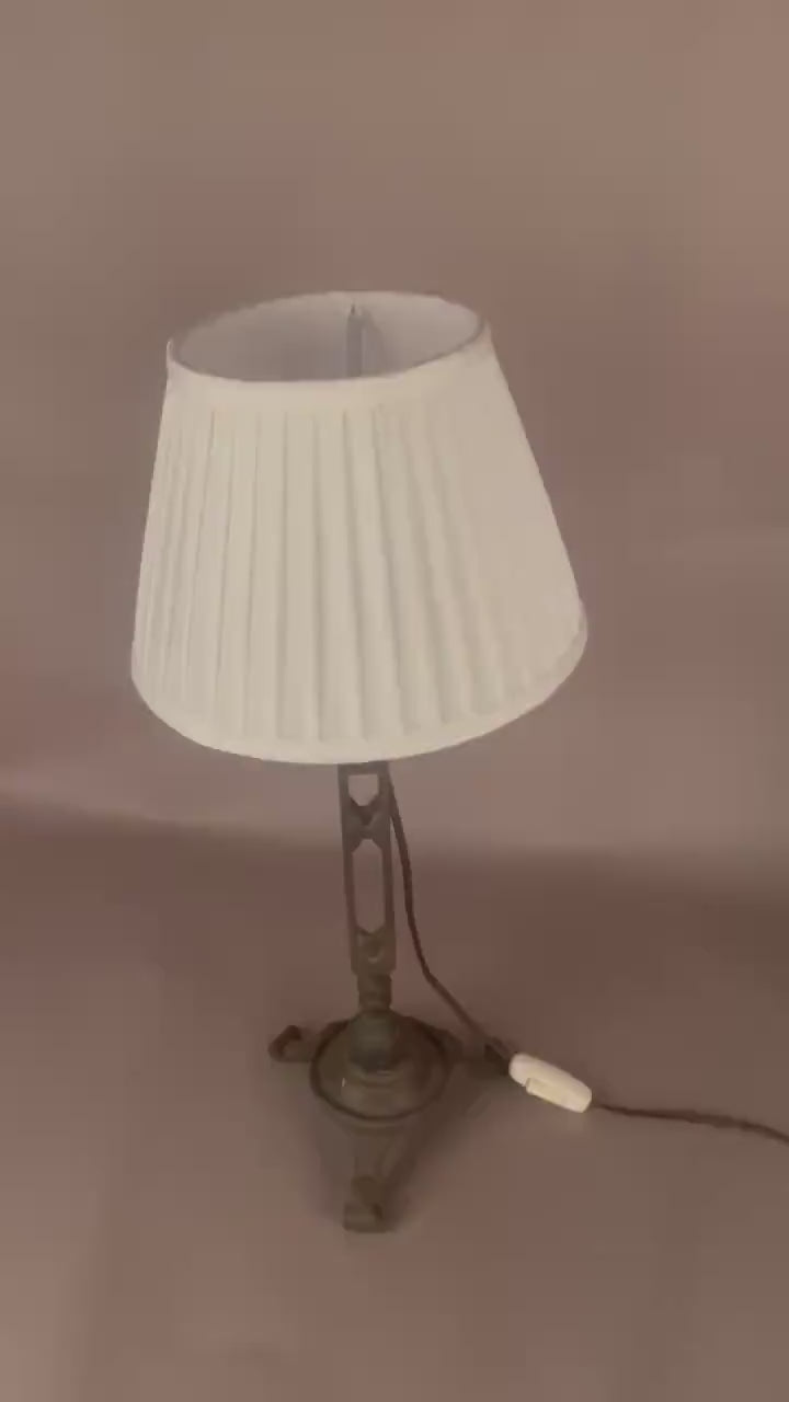 French Vintage Brutalist Art Deco Cast Metal Table Lamp with Pleated Shade