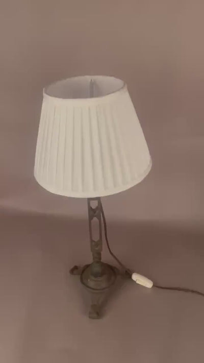 French Vintage Brutalist Art Deco Cast Metal Table Lamp with Pleated Shade