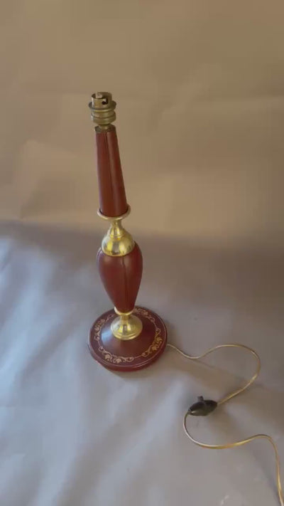 Leather Table Lamp, Burgundy Stitched Leather Baluster Lamp with Gilt Tooled Base — French Style
