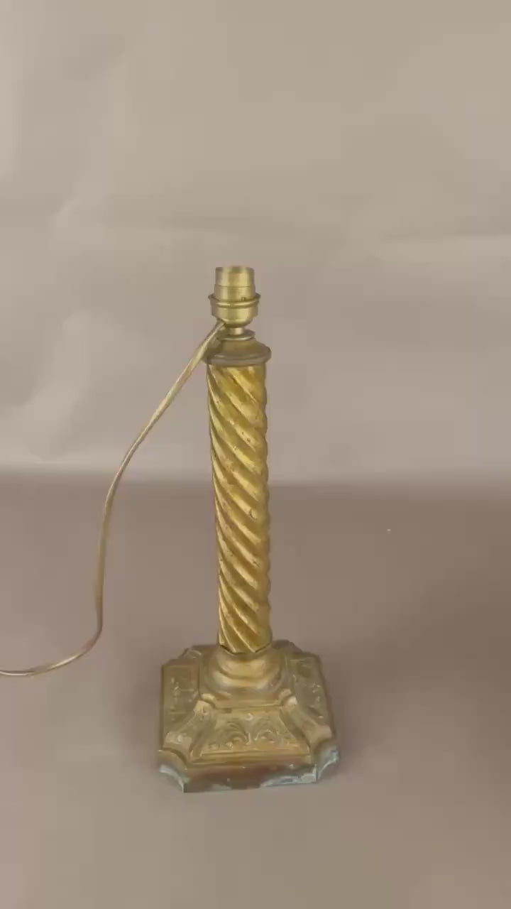Antique Brass Table Lamp, Twisted Rope Column on Embossed Hexagonal Base, New Shade Included