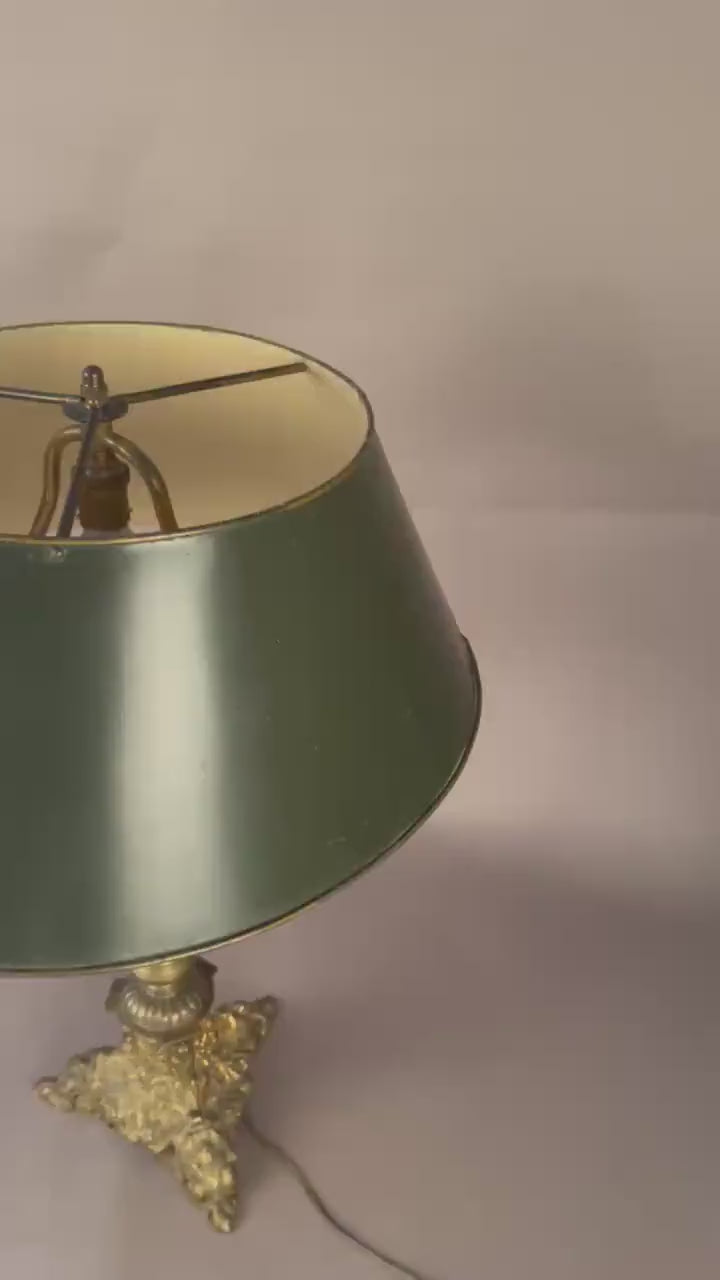 Candlestick Table Lamp, Gilt Tripod Base with Fluted Column and Green Tole Shade — French Style