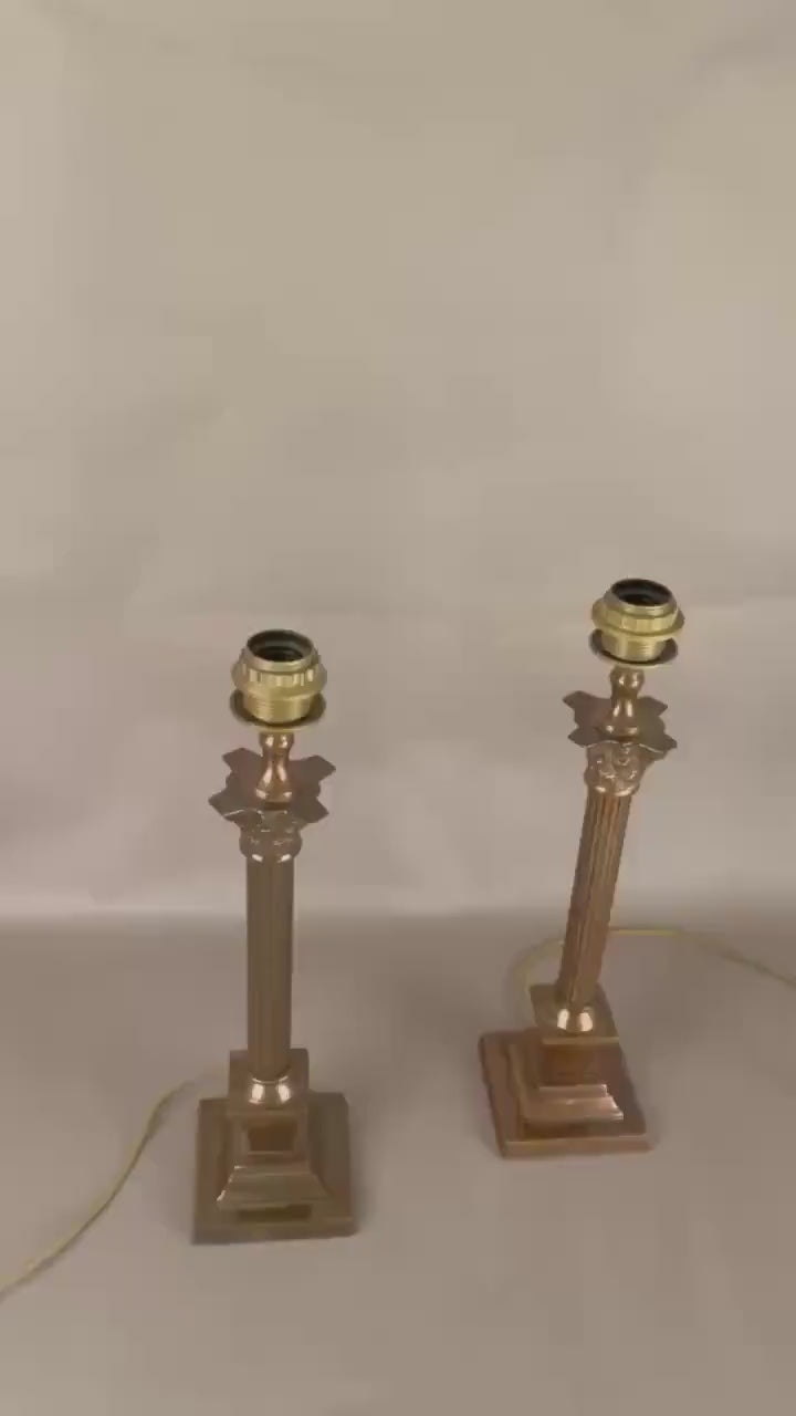 Pair of Antique Brass Corinthian Column Table Lamps, Fluted Column Lamps with New Pleated Shades